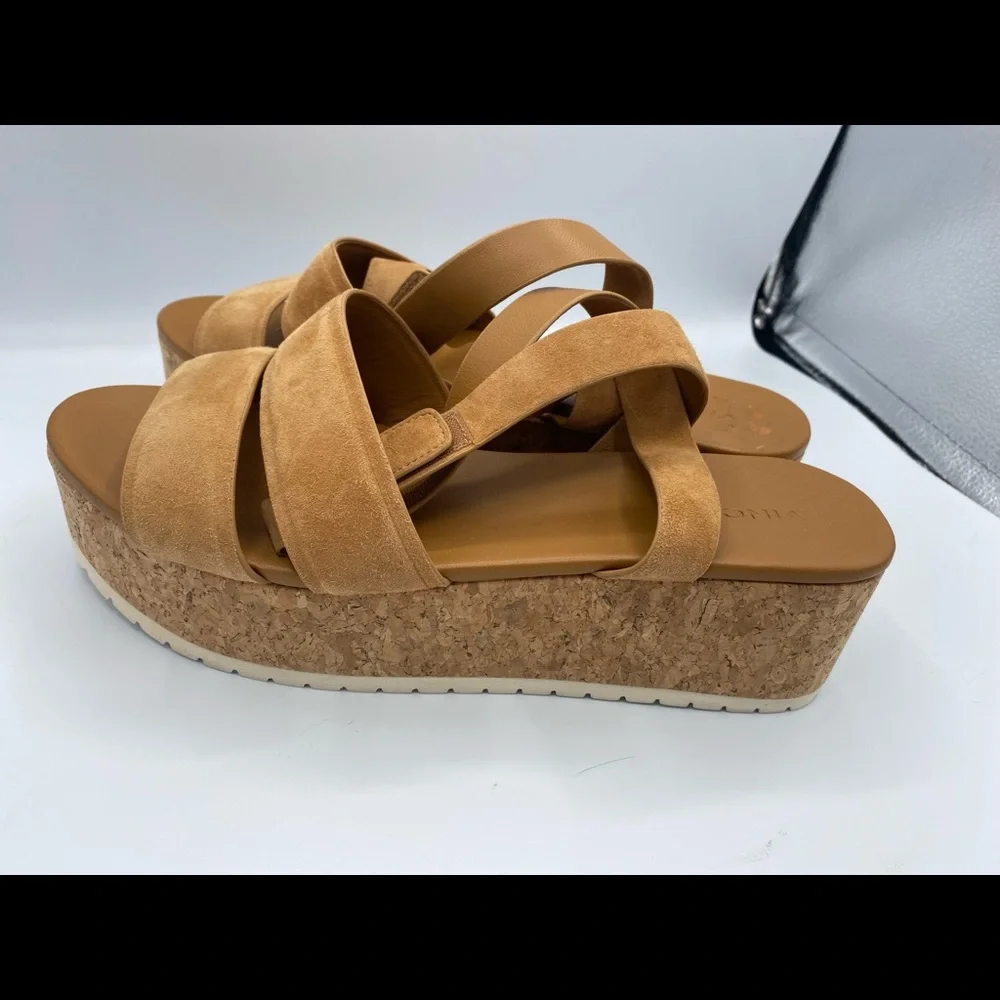 Vince Tan Jet Suede Leather‎ Chunky Platform Cork Woman’s Sandals Size 10